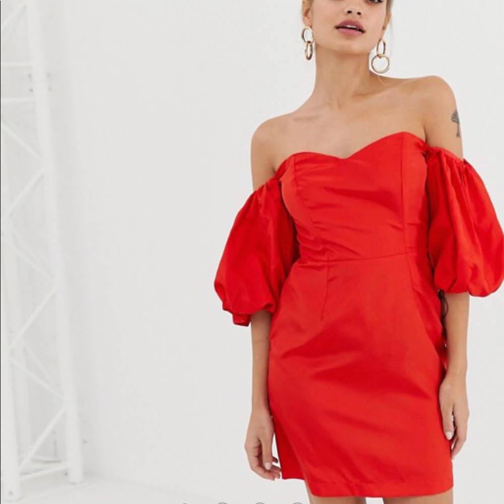 🆕Miss Selfridge Red Bardot Puff Sleeve Dress
